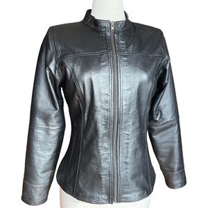 Genuine Black Leather Moto Jacket Zip Front Fitted Cowhide M-L